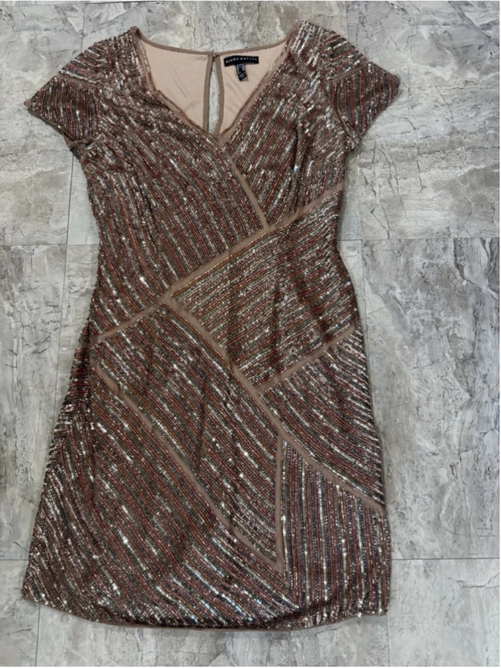 Aidan Mattox Rose Short Sleeve Glitzy Beaded V-Neck Shift Cocktail Dress 12